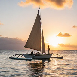 Caribbean Holidays, March Honeymoons, Traditional sailing boat at sunset near the Grenadine islands with a newlywed couple enjoying the view