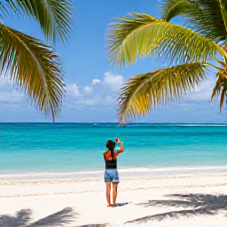 Caribbean Holidays, March Instagram Hotspots, A bright Caribbean beach in March with turquoise water, white sand, palm trees and a traveller taking a photo for Instagram