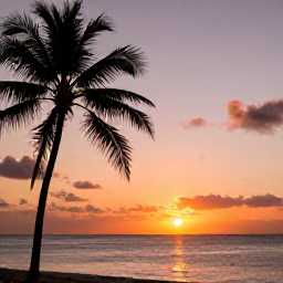 Caribbean Holidays, March Instagram Hotspots, A Caribbean sunset over calm sea with silhouettes of palm trees, a small boat and warm orange and pink light across the sky