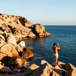 Caribbean Holidays, March Instagram Hotspots, A dramatic Cura&ccedil;ao coastline with rugged rocks, deep blue sea and a lone traveller taking photographs in March sunlight
