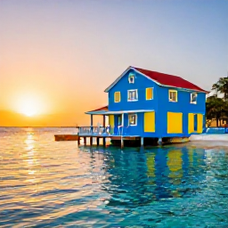 Caribbean Holidays, March Instagram Hotspots, A historic blue-and-yellow beach house beside clear Caribbean water at sunset in Cura&ccedil;ao