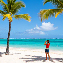 Caribbean Holidays, March Instagram Hotspots, Bright tropical beach in Punta Cana, Dominican Republic, with turquoise water, palm trees and a traveller taking a photograph