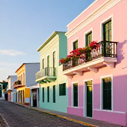 Caribbean Holidays, March Instagram Hotspots, Colourful Caribbean town buildings with pastel walls, balconies, flowers and a narrow cobbled street in warm morning sunlight