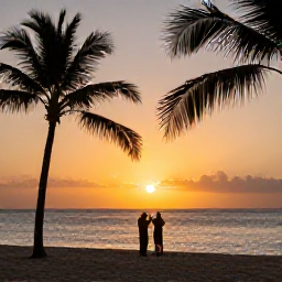 Caribbean Holidays, March Instagram Hotspots, Golden sunset over a Dominican Republic beach with palm silhouettes, calm sea and a couple taking photographs