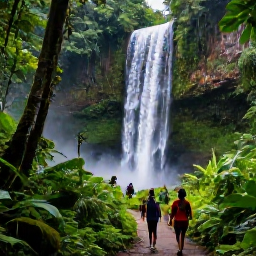 Caribbean Holidays, March Instagram Hotspots, Lush rainforest path and dramatic waterfall at Argyle Waterfall in Tobago, with visitors surrounded by tropical greenery