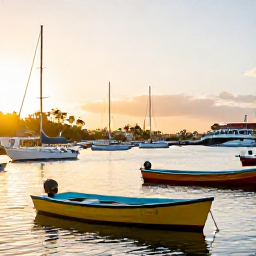 Caribbean Holidays, March Instagram Spots, Colourful boats in a calm Caribbean harbour at sunset on St Croix, United States Virgin Islands, with warm golden light and a relaxed waterfront atmosphere