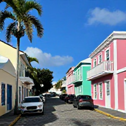 Caribbean Holidays, March Instagram Spots, Colourful historic buildings and cobbled streets in Charlotte Amalie, St Thomas, United States Virgin Islands, with tropical sunshine