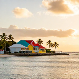Caribbean Holidays, March Instagram Spots, Golden-hour view of Basseterre waterfront in Saint Kitts, with colourful buildings, palm trees and calm Caribbean sea