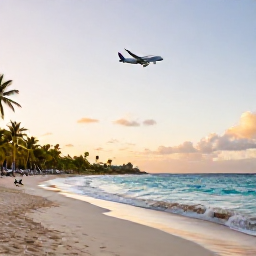 Caribbean Holidays, March Instagram Spots, Golden-hour view over Maho Beach in Sint Maarten, with a plane approaching above the turquoise Caribbean Sea and palm trees along the shore