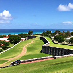Caribbean Holidays, March Instagram Spots, Historic Brimstone Hill Fortress on Saint Kitts overlooking green slopes and the Caribbean Sea in clear sunshine