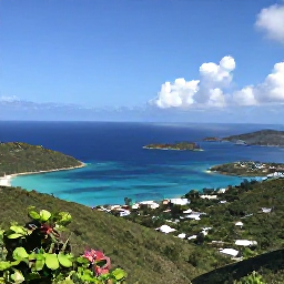 Caribbean Holidays, March Instagram Spots, Panoramic view from a green hill over turquoise bays and small islands in St Thomas, United States Virgin Islands, in clear March sunshine