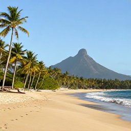 Caribbean Holidays, March Instagram Spots, Quiet golden beach on Nevis with palm trees, soft white sand and the outline of Nevis Peak in the background