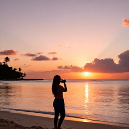 Caribbean Holidays, March Instagram Spots, Traveller photographing a colourful Caribbean sunset from a beach on Saint Kitts, with calm waves and palm silhouettes