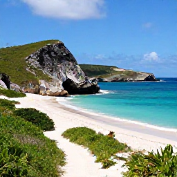 Caribbean Holidays, March Instagram Spots, Turquoise water, white sand and dramatic rocky coastline at Happy Bay, Saint Martin, with a lone beach path and tropical vegetation