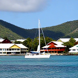 Caribbean Holidays, March Island Hopping, A bright Caribbean harbour in March with a sailing boat, colourful waterfront buildings and tropical hills in the United States Virgin Islands