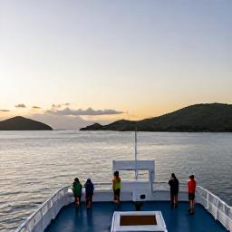 Caribbean Holidays, March Island Hopping, A Caribbean ferry travelling between tropical islands at sunset, with calm sea, distant green hills and travellers on deck