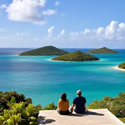 Caribbean Holidays, March Island Hopping, A scenic overlook above turquoise water and green islands on St Thomas, with a couple enjoying the view in warm March sunshine