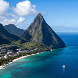 Caribbean Holidays, March Island Hopping, Aerial photograph of Saint Lucia's green Pitons, turquoise sea and a small sailing boat in bright March sunshine