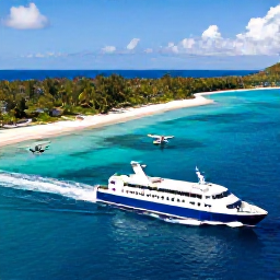 Caribbean Holidays, March Island Hopping, Colourful Caribbean ferry and small aircraft connecting tropical islands, with palm-fringed coastline and clear blue water