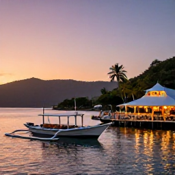 Caribbean Holidays, March Island Hopping, Sunset over a Caribbean harbour with a traditional wooden boat, warmly lit waterfront restaurants and tropical hills beyond