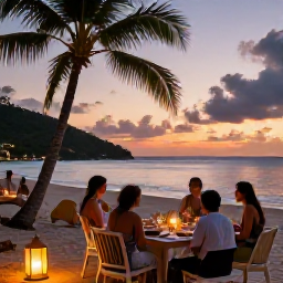 Caribbean Holidays, March Island Hopping, Travellers enjoying a relaxed beachfront dinner in the United States Virgin Islands, with lanterns, palm trees and a colourful sunset over the sea