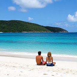 Caribbean Holidays, March Luxury, Couple relaxing on a quiet white-sand beach with turquoise sea and lush hills in the British Virgin Islands