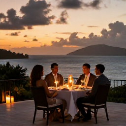 Caribbean Holidays, March Luxury, Elegant Caribbean dinner on a candlelit terrace overlooking the sea at sunset in the British Virgin Islands