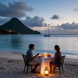Caribbean Holidays, March Luxury Holidays, A couple enjoying a relaxed beachfront dinner on Saint Vincent and the Grenadines, with lanterns, fresh seafood and a calm sea at dusk
