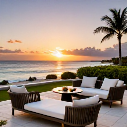 Caribbean Holidays, March Luxury Holidays, An elegant luxury hotel terrace overlooking the Caribbean Sea at sunset on a Grenadine island, with stylish loungers and a dining table