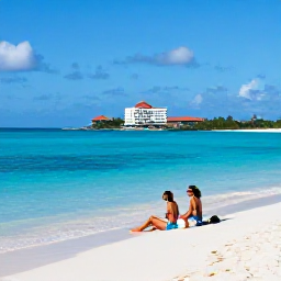 Caribbean Holidays, March Luxury Holidays, Couple relaxing on a private white-sand beach with turquoise water and a luxury hotel in the background, Turks and Caicos