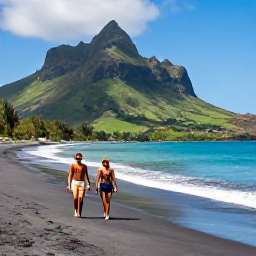 Caribbean Holidays, March Luxury Holidays, Couple walking along a quiet black-sand beach on Montserrat with turquoise water and green hills