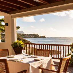 Caribbean Holidays, March Luxury Holidays, Elegant boutique hotel terrace overlooking the Caribbean Sea on Montserrat in warm March sunshine