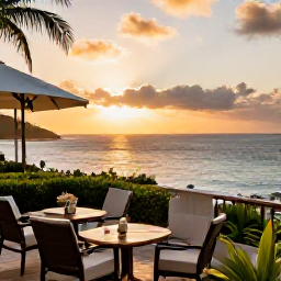 Caribbean Holidays, March Luxury Holidays, Elegant luxury hotel terrace overlooking the Caribbean Sea at sunset on Nevis
