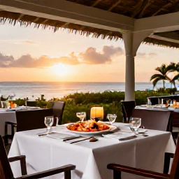 Caribbean Holidays, March Luxury Holidays, Elegant open-air restaurant at a Caribbean luxury resort, serving fresh seafood at sunset in Turks and Caicos