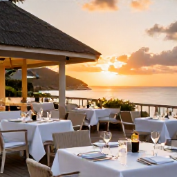 Caribbean Holidays, March Luxury Holidays, Elegant outdoor restaurant in Gustavia, Saint Barth&eacute;lemy, at sunset with tables prepared for dinner