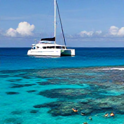 Caribbean Holidays, March Luxury Holidays, Luxury catamaran sailing over clear blue water near Providenciales, with snorkellers exploring a vibrant reef in Turks and Caicos