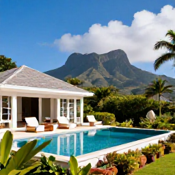 Caribbean Holidays, March Luxury Holidays, Luxury villa with private pool, tropical gardens and distant volcanic hills on Montserrat