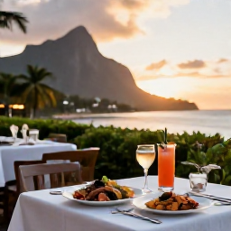 Caribbean Holidays, March Luxury Holidays, Outdoor dining at a refined Caribbean restaurant in Montserrat at sunset, with seafood and tropical drinks