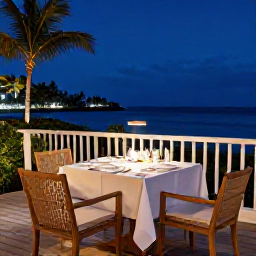 Caribbean Holidays, March Luxury Holidays, Romantic fine dining table on a Caribbean terrace overlooking the sea at night