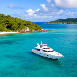 Caribbean Holidays, March Luxury, Luxury yacht anchored in clear turquoise water beside green Caribbean islands in the British Virgin Islands, bright March sunshine