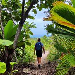Caribbean Holidays, March Nature Holidays, A hiker walking along a forest trail in Virgin Islands National Park on St John, with tropical vegetation and a glimpse of the Caribbean Sea