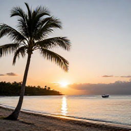 Caribbean Holidays, March Nature Holidays, A peaceful Saint Barth&eacute;lemy beach at sunset, with palm trees, calm water and a small boat near the horizon