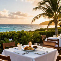 Caribbean Holidays, March Nature Holidays, A relaxed outdoor dining scene in Sint Maarten at sunset, with local food, tropical greenery and the sea in the background