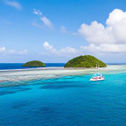 Caribbean Holidays, March Nature Holidays, A sailing boat approaching the Tobago Cays, with uninhabited green islands, a coral reef and brilliant blue Caribbean sea