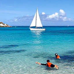Caribbean Holidays, March Nature Holidays, A small sailing boat near a protected Caribbean bay in Saint Martin, with snorkellers viewing colourful fish in clear water