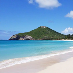 Caribbean Holidays, March Nature Holidays, A sunny coastal nature scene on Saint Martin in March, with turquoise water, green hills and a quiet sandy beach