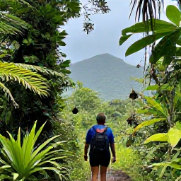Caribbean Holidays, March Nature Holidays, Guided hikers walking through lush rainforest on Mount Liamuiga, Saint Kitts, with tropical plants and mountain views