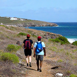 Caribbean Holidays, March Nature Holidays, Hikers following a coastal trail through dry green vegetation on Saint Barth&eacute;lemy, with rocky headlands and blue sea in the distance