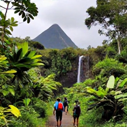 Caribbean Holidays, March Nature Holidays, Hikers walking through lush rainforest on Saint Vincent towards a tropical waterfall, with volcanic mountains in the background