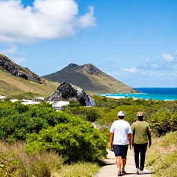 Caribbean Holidays, March Nature Holidays, Visitors walking through green coastal vegetation on Saint Martin, with rocky hills, sea views and bright March sunshine